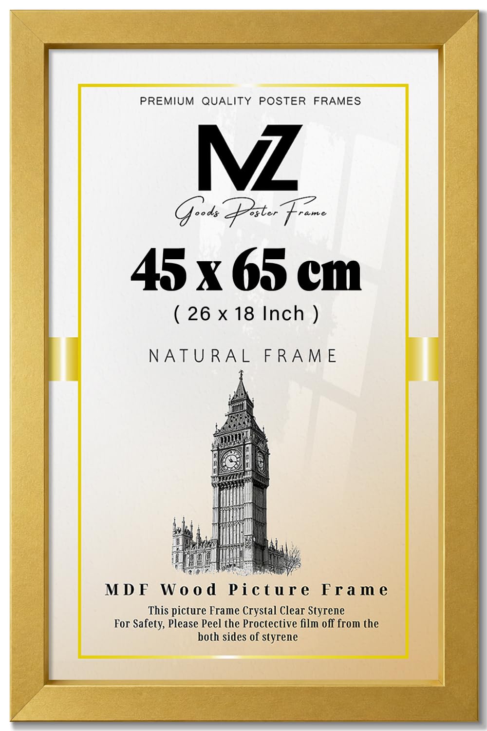 MZ GOODS | MDF Wall Gallery Frame (45 x 65 CM) Rectangle for Posters, Art Prints & Interiors, Stylish MDF Wood Finish, Secure Hanging Hooks for Display [ Gold ]