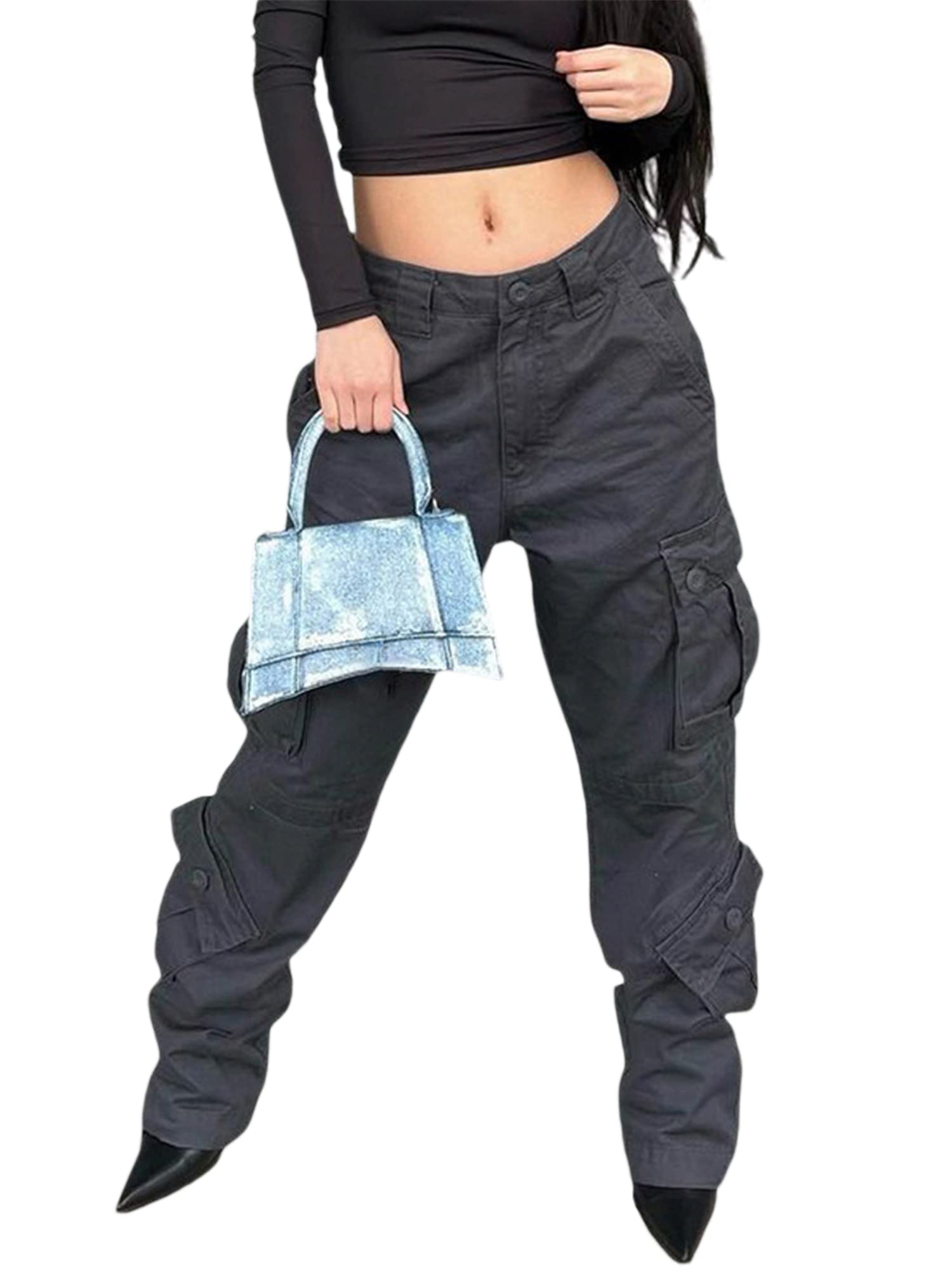 Damen High Waist Cargo Jeans Flap Pocket Wide Leg Denim Pants Relaxed Fit Baggy Jeans Loose Long Pants Y2K Fashion
