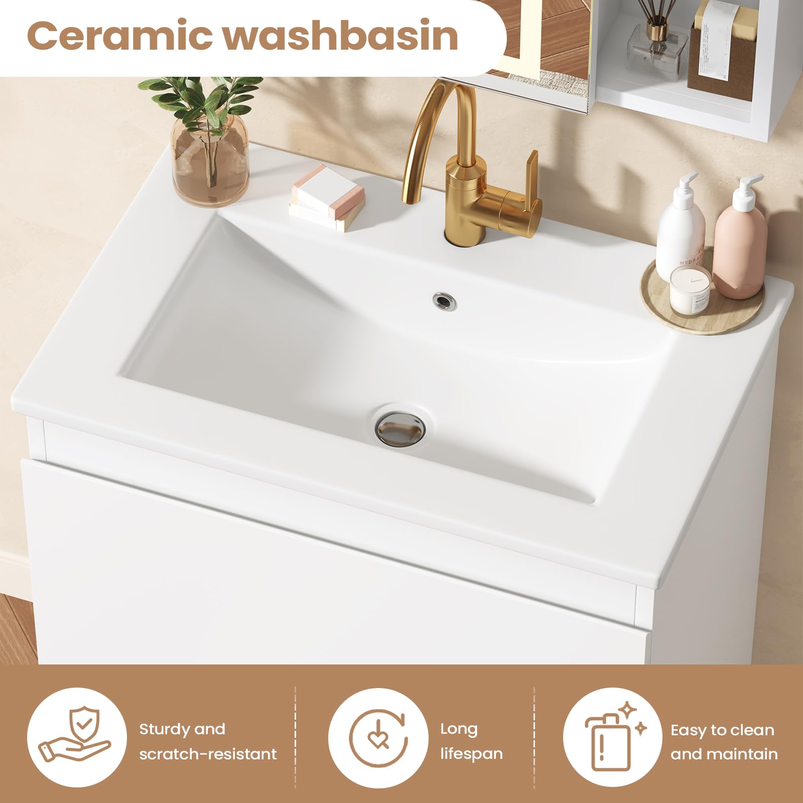 KIMENICH Lavabo con mobiletto da 60 cm, mobiletto da bagno con 2 cassetti grandi, lavabo con piedi, molto capiente, 61 x 46,5 x 87 cm, bianco
