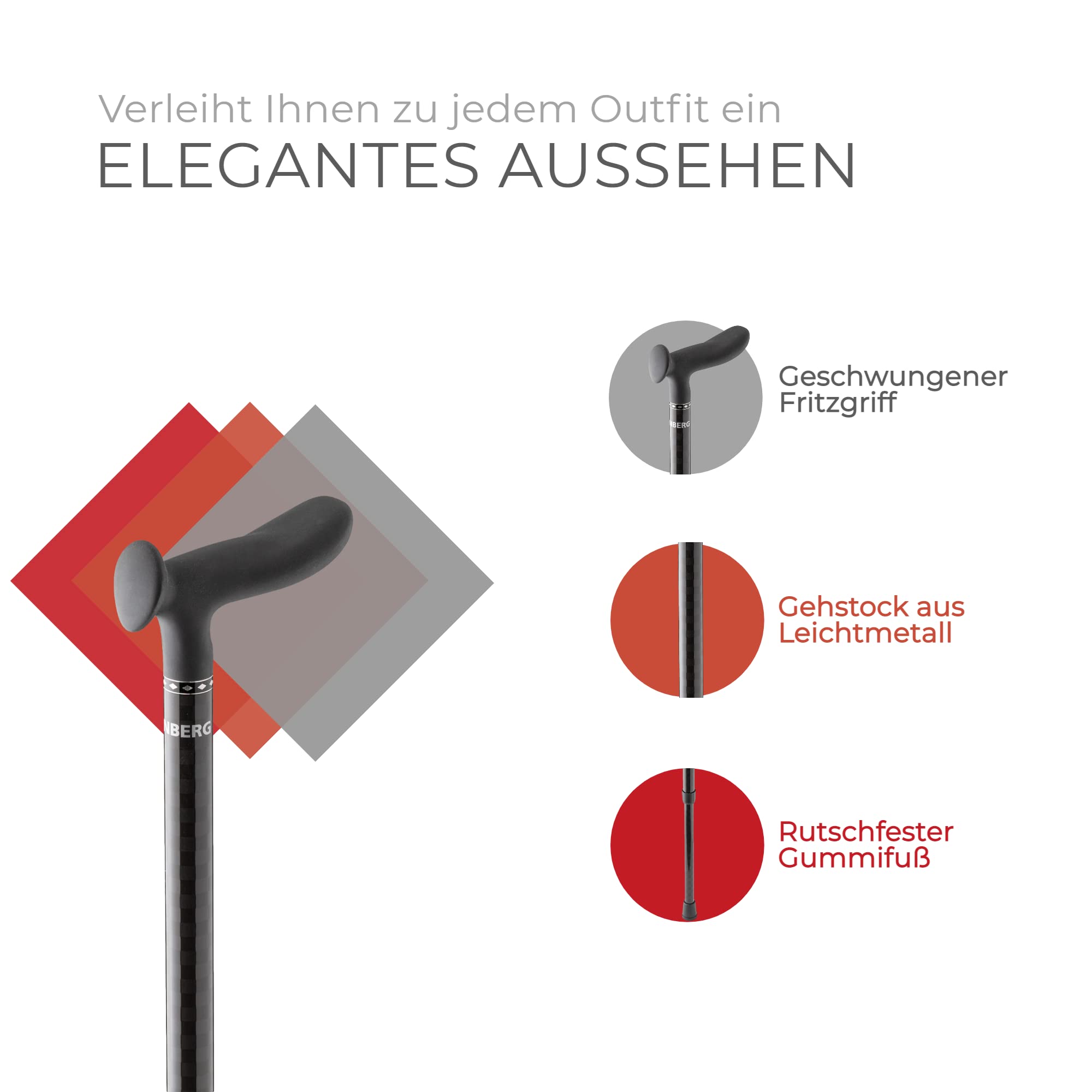 Ossenberg Carbonstock in Schachbrett Muster - schwarz glänzend - mit Cosy Griff - Verstellbarer Carbon Wanderstock - Gehhilfe - Gehstock - hohe Belastbarkeit - extra leicht