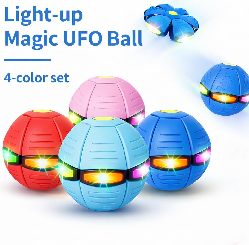 4pcs Magic Bouncing Ball with 6 LED Lights, 2-in-1 Flying Saucer Meta Ball, Pop-Up Transform, Explosion-Proof, 4-Color Gift Pack, Indoor & Outdoor Parent-Child Toy