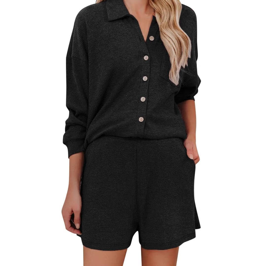 Women 2 Piece Tracksuit Set Casual Long Sleeve Pullover Top Lounge Shorts Knitted Sweater Outfit