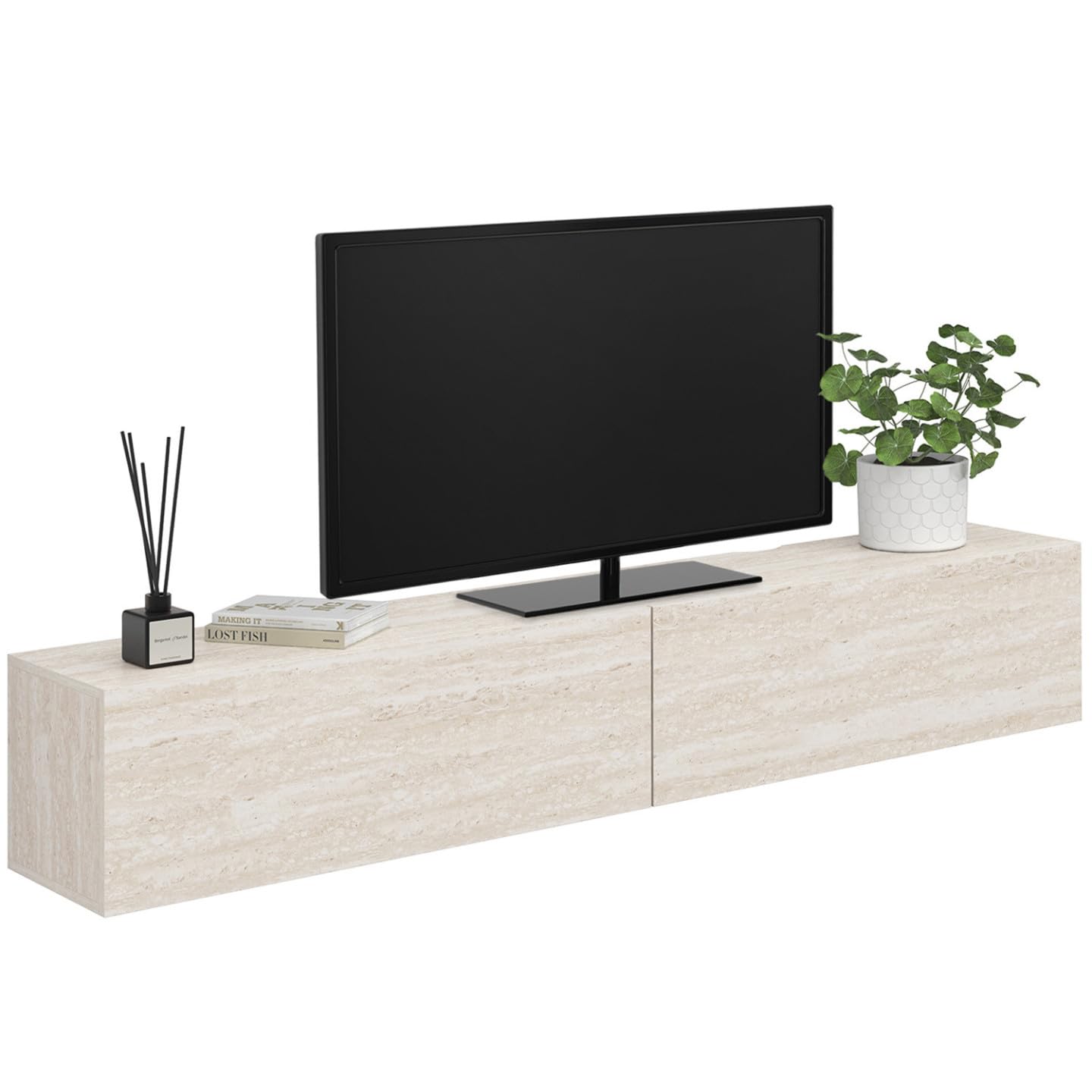 IDMarket - Mueble de TV 180 cm colgante Elio 2 puertas de madera efecto travertino