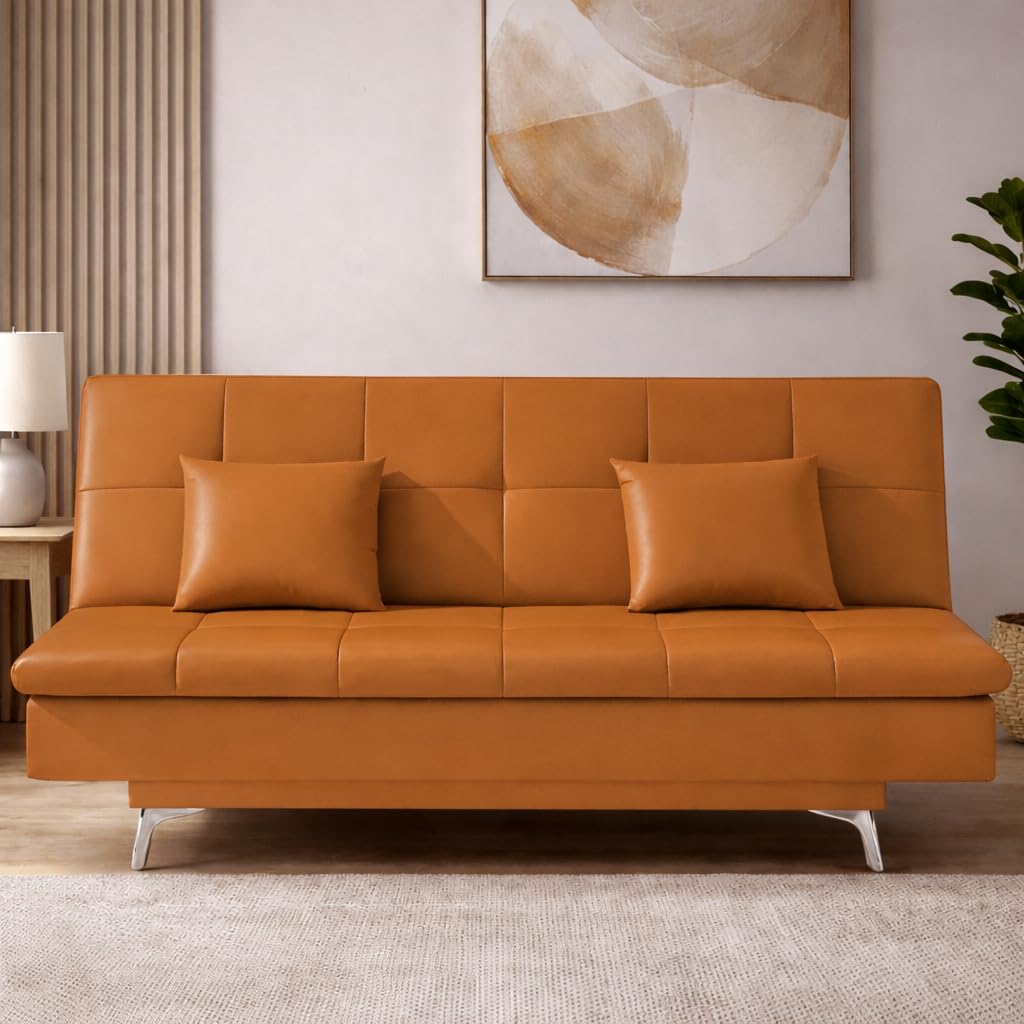 Danny 3 Seater Sofa Cum Bed Leatherette Fabric (Orange) with Two Cushions Perfect for |Home Living |Office Room and Guest Room Premium Sofa-image-35