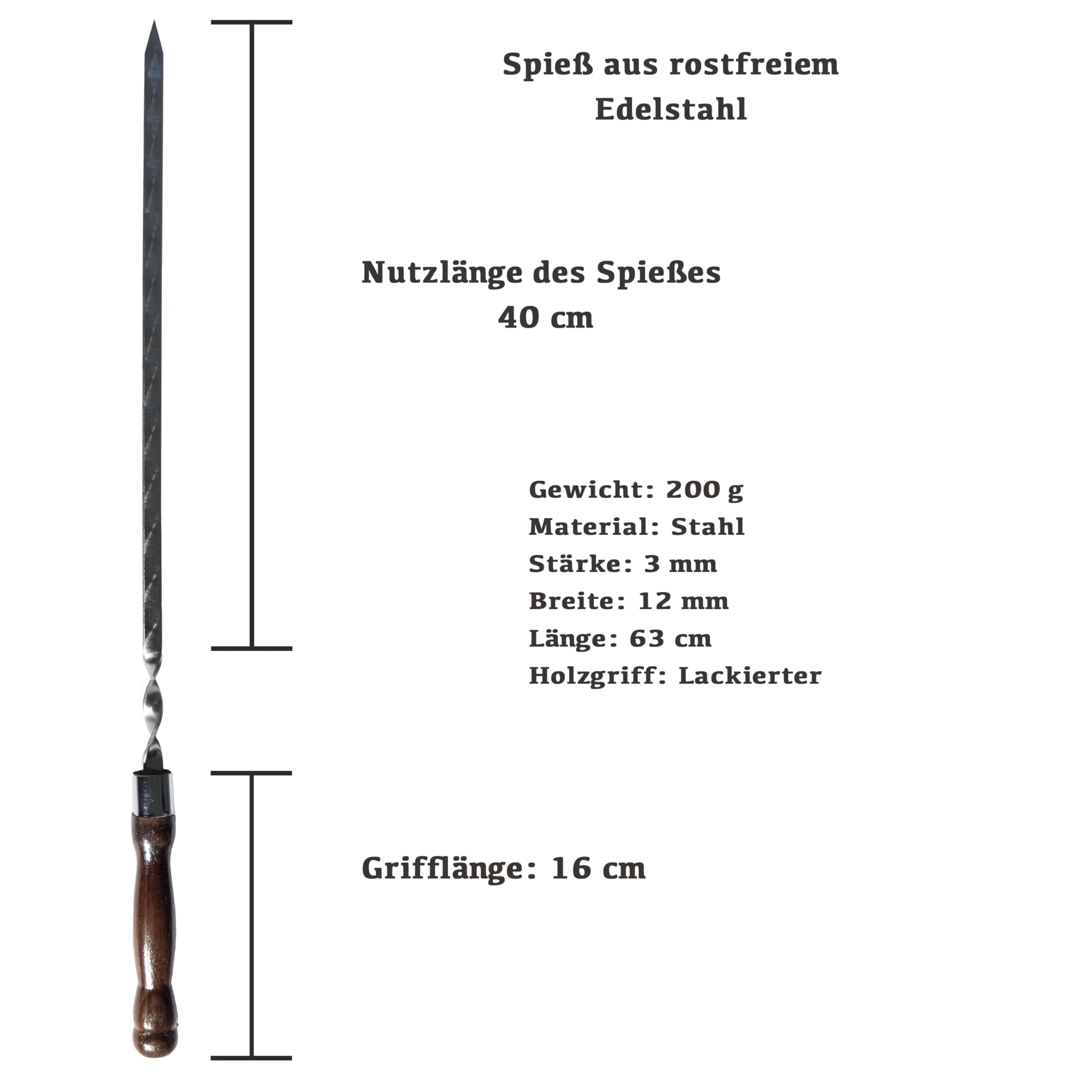 Set di 6 spiedini premium in acciaio inox, 63 cm, con manico in legno laccato, doppio sigillato, antiruggine e di alta qualità per barbecue, kebab, verdure e carne