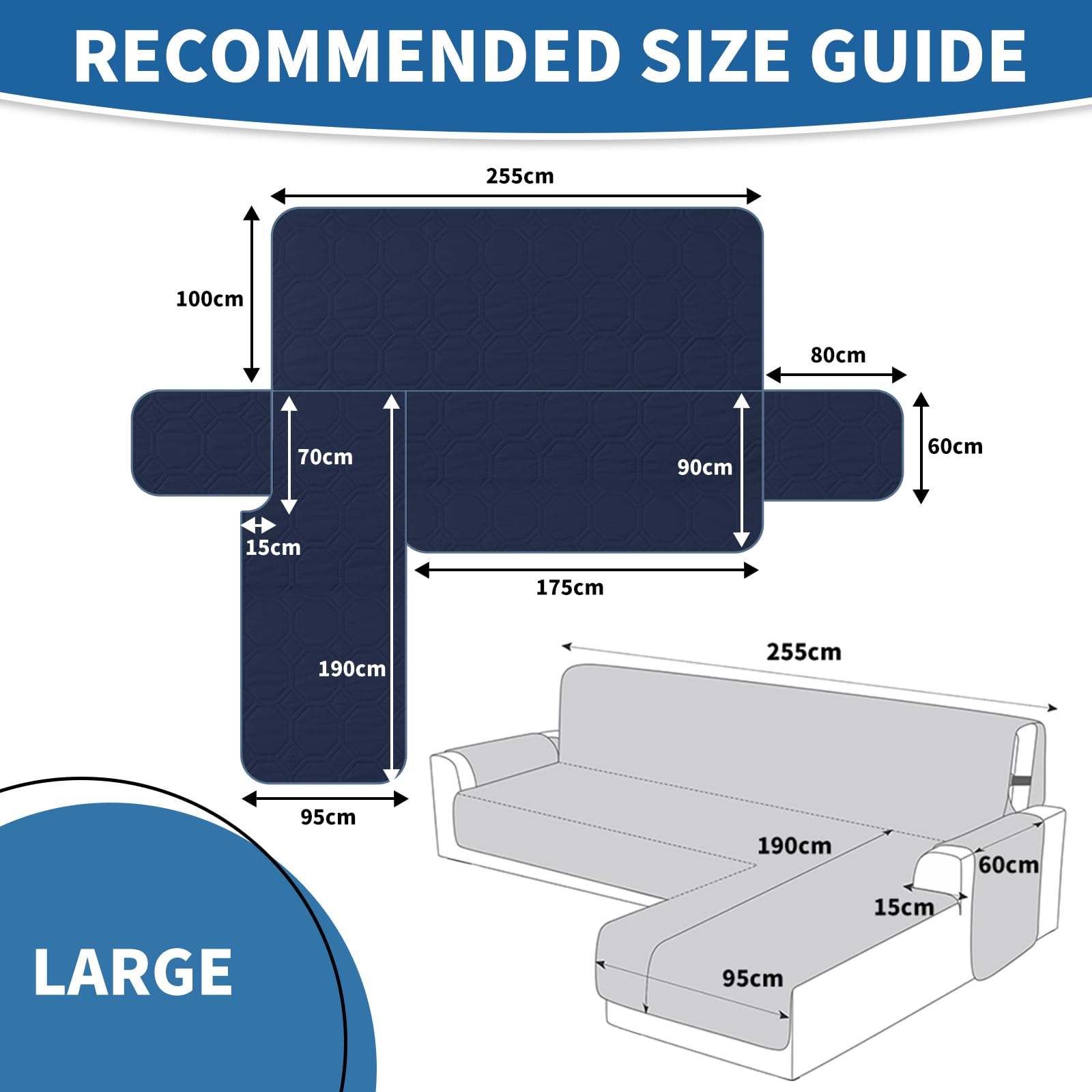 Ystyle Copridivano Impermeabile con Penisola 3 Posti (L 255 CM), Copridivano Angolare Destra/Sinistra Universale Reversibile, Copridivano Chaise longue Antigraffio Antimacchia, Blu Scuro