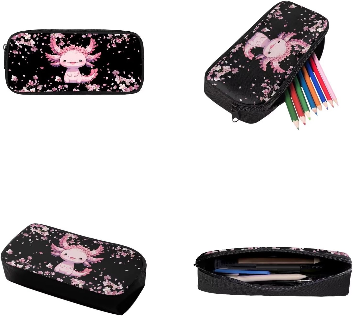 Cherry Blossom Axolotl 3 in 1 School Backpack Set 17 inches Book Organizer Backpack,Small Lunch Bag Messenger Tote with Bottle Mesh Pockets Zipper Closure Pencil Case Pouch 3 Pack Set