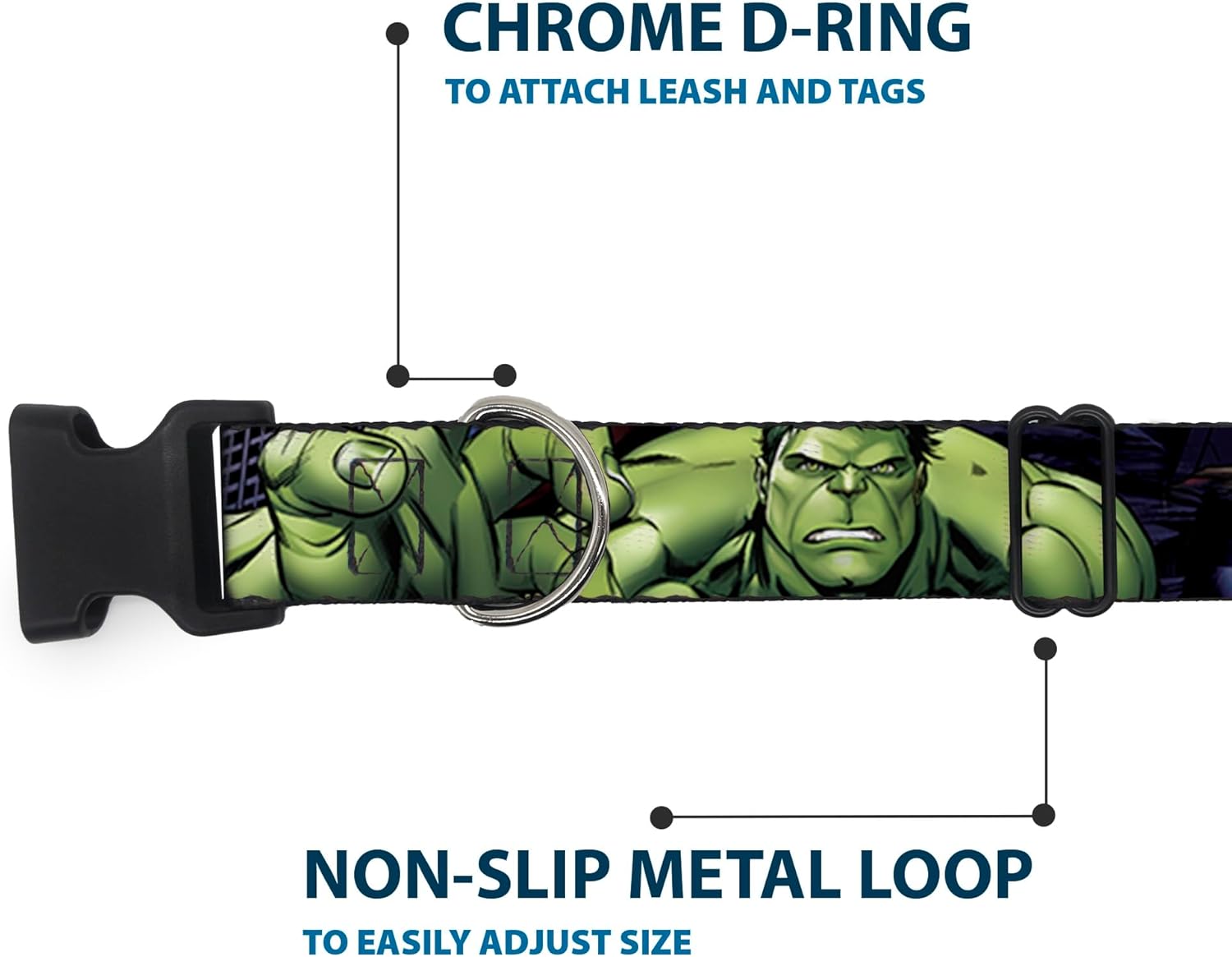 Dog Collar Plastic Clip Marvel Hulk Close Up Poses 16 to 23 Inches 1.5 Inch Wide