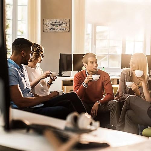Miniatura 6 de Placa rústica de madera para colgar en la pared, buenos días comienzan con café y Jesús, decoración de barra de café