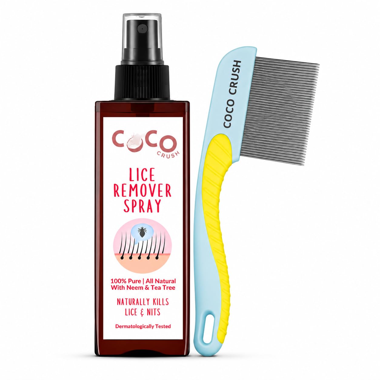 Coco Crush Ayurvedic Anti Lice Spray | Kills Lice Eggs & Nits Naturally | Neem Tea Tree & Camphor | No SLS No Parabens | Dermatologically Tested | Safe for Kids | Free Long Handle Lice Comb | 100ml-image-8