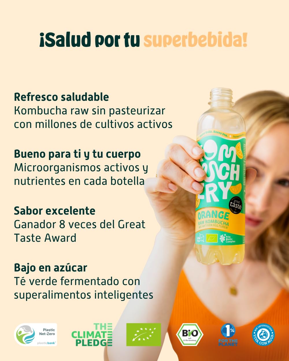 KOMBUCHERY® Kombucha de naranja ORGÁNICO crudo | 18 x 400ml | Té fermentado con cultivos activos para el intestino | Bajo en azúcar y en calorías | Sin pasteurizar, probiótico