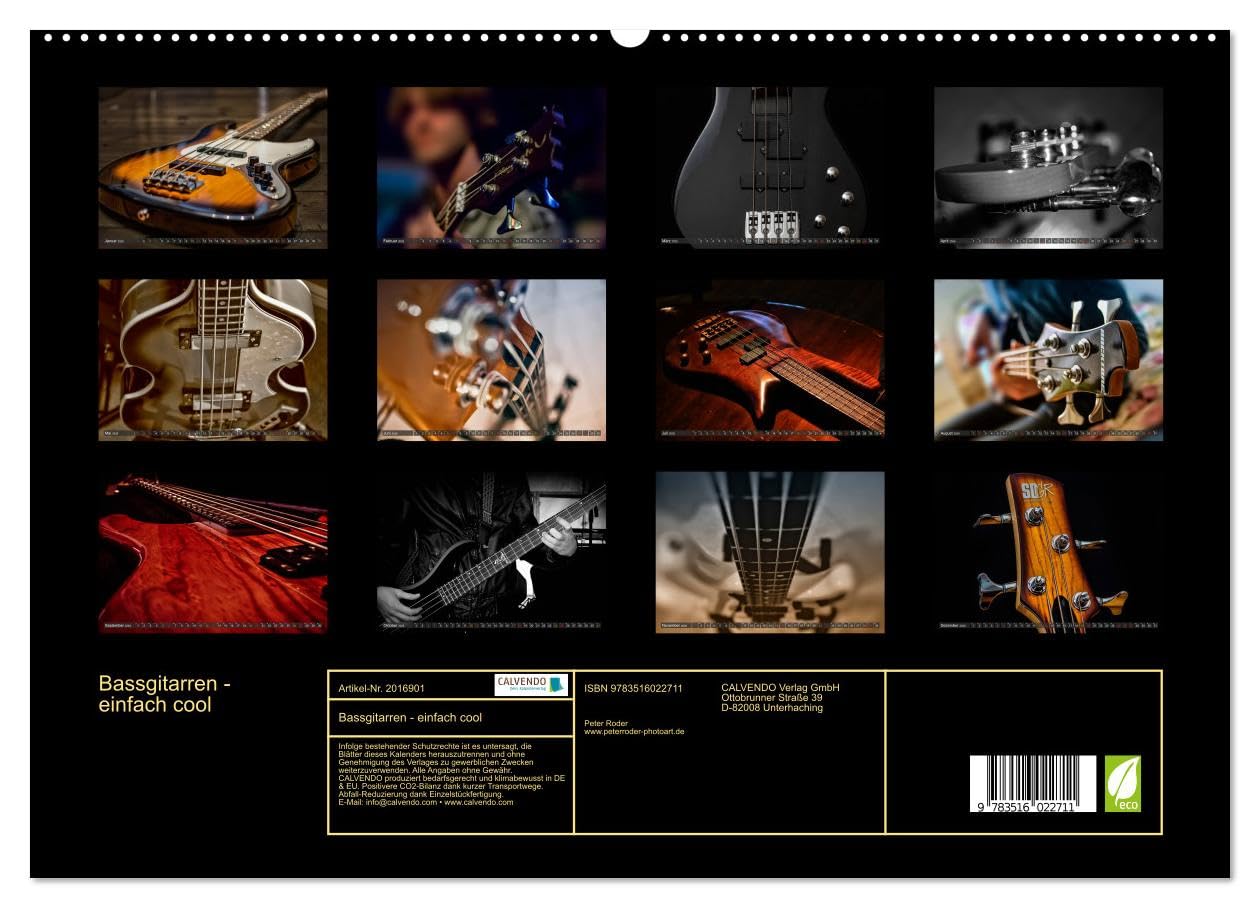 Bassgitarren - einfach cool (hochwertiger Premium Wandkalender 2026 DIN A2 quer), Kunstdruck in Hochglanz: Der Bass - erst wenn er beginnt zu spielen, fängt das Lied wirklich an.