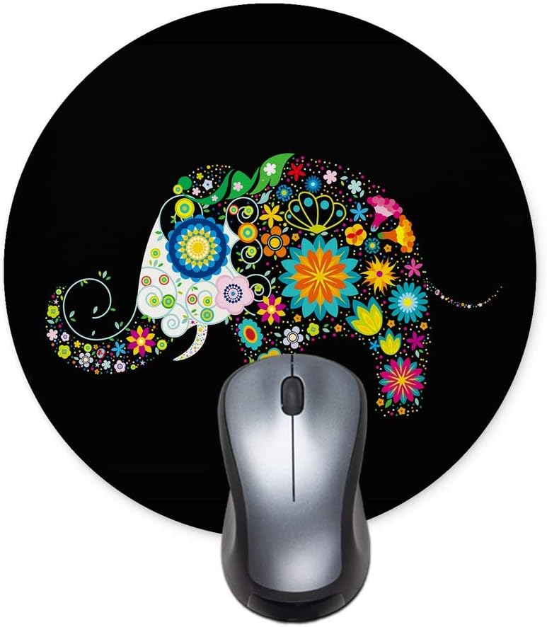 Printed Round Mouse pad, Colorful Flower Elephant Office Desktop or Gaming Cloth Surface Natural Rubber Round Mouse Mat (7.6x7.6 inch) Small Size