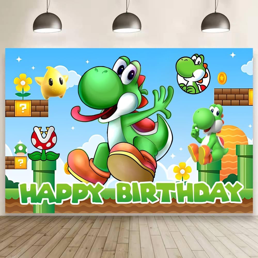 Yoshi Birthday Party Decorations, 5x3ft Happy Birthday Back Drop Banner Theme Backdrop Banner for Mario Party Decorations Indoor Outdoor.
