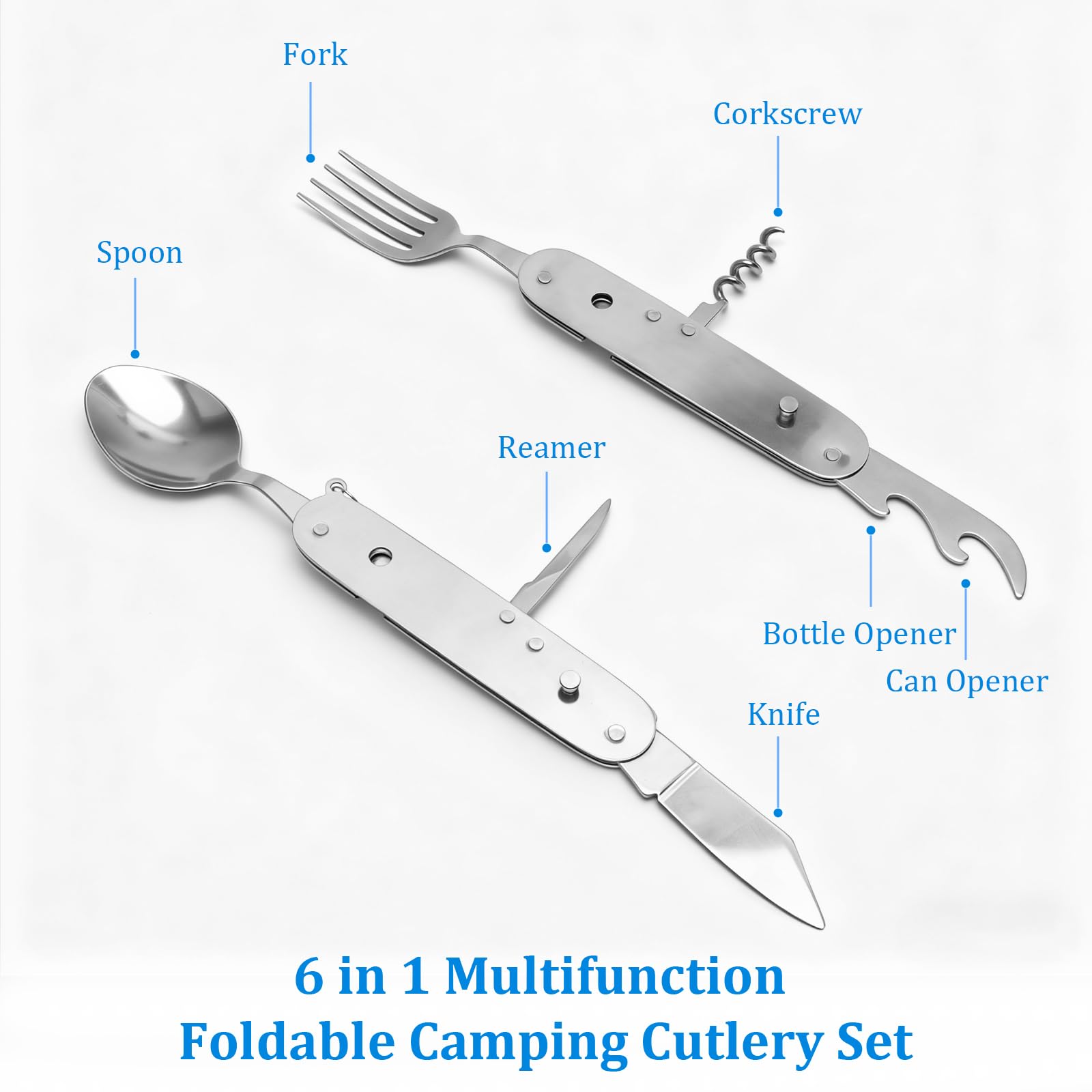 6 in 1 Posate da Campeggio Pieghevoli Acciaio Inox, Set Posate Multifunzione con Coltello, Cucchiaio, Forchetta, Apribottiglie e Pennello BBQ, Posate Trekking, Survival Outdoor, Picnic