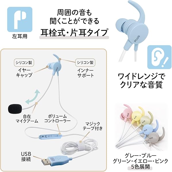 プラス イヤホン ジブンイロ ケイタイする 小型ヘッドセット 片耳 ブルー TW-HS003 428-822 - 3
