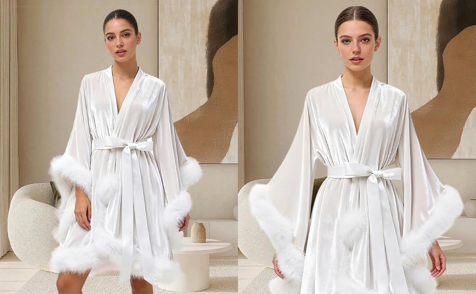 Women's Velvet Feather Bridal Robes Old Hollywood Maternity Photoshoot Nightgown Bathrobe Long Lingerie - Image 6