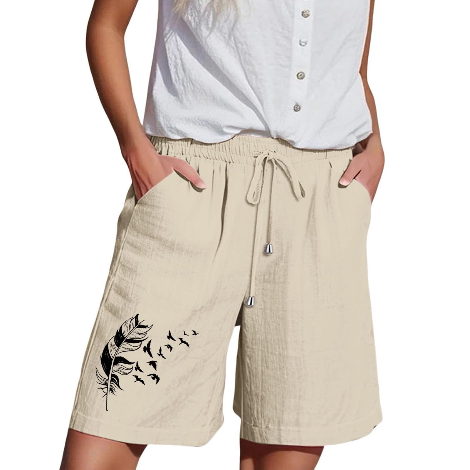 Generisch Pantalones cortos de entrenamiento para mujer, color liso, con bolsillos laterales, cintura elástica y longitud media, para uso diario