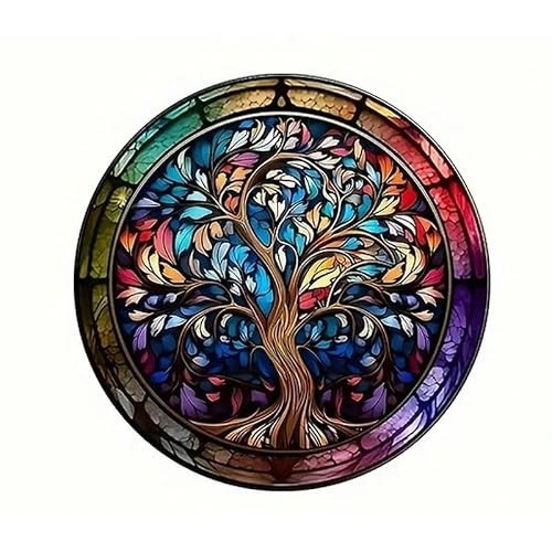 MKJFRLLSA Tree of Life Window Stickers Round Reusable Decals, Vibrant Stained Glass for Home, Car, RV Deco