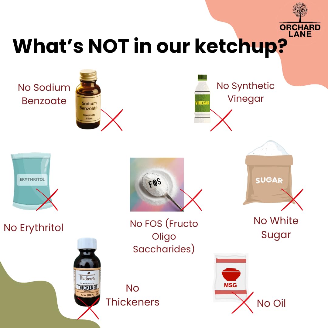 Orchard Lane Healthy Tomato Ketchup sweetened with Jaggery | Family Ketchup for kids & adults| No Chemicals or Preservatives | Low Calorie | Breakfast, Snacks, Tiffin| 350 gm Glass bottle guarantee in case of breakage