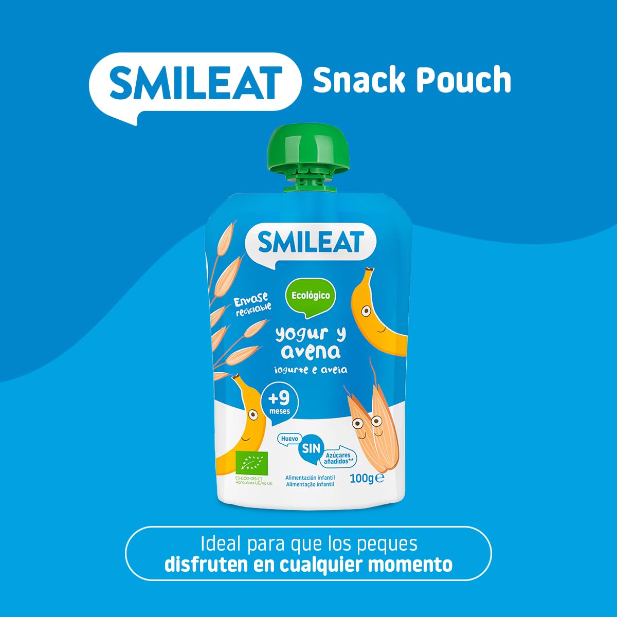 Smileat - Pouch de Frutas Ecológicas - Sin Sal ni Azúcar Añadido, Sin Gluten - Snack Práctico para Peques - Sabor a Yogur Avena