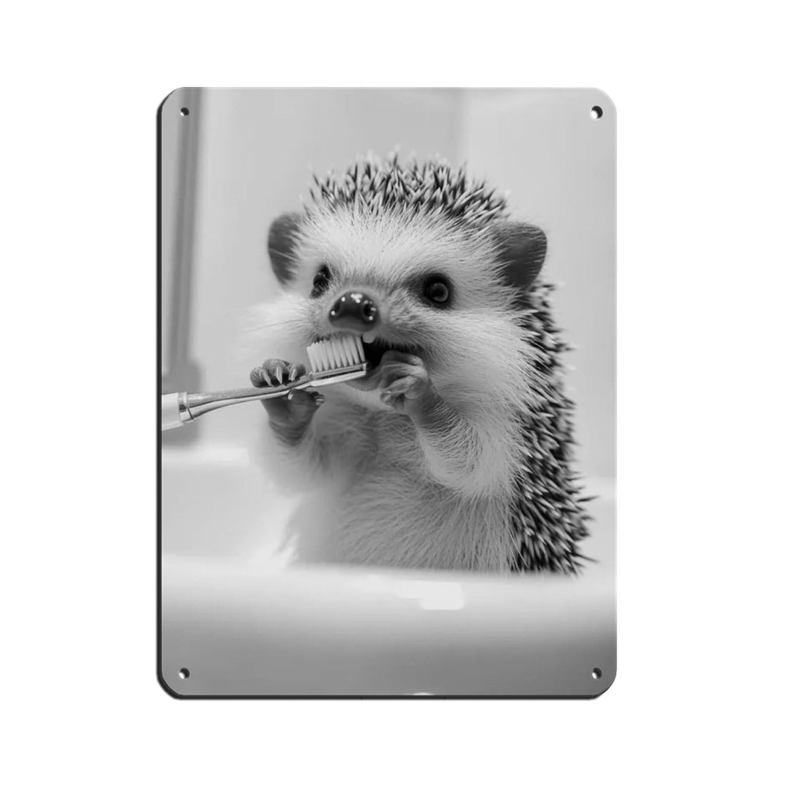 Hedgehog Brushing Teeth, Funny Bathroom Art Retro Poster Metal Tin Sign Chic Art Retro Iron Painting Bar People Cave Cafe Family Garage Poster Wall Decoration 12x16inch(30x40cm)