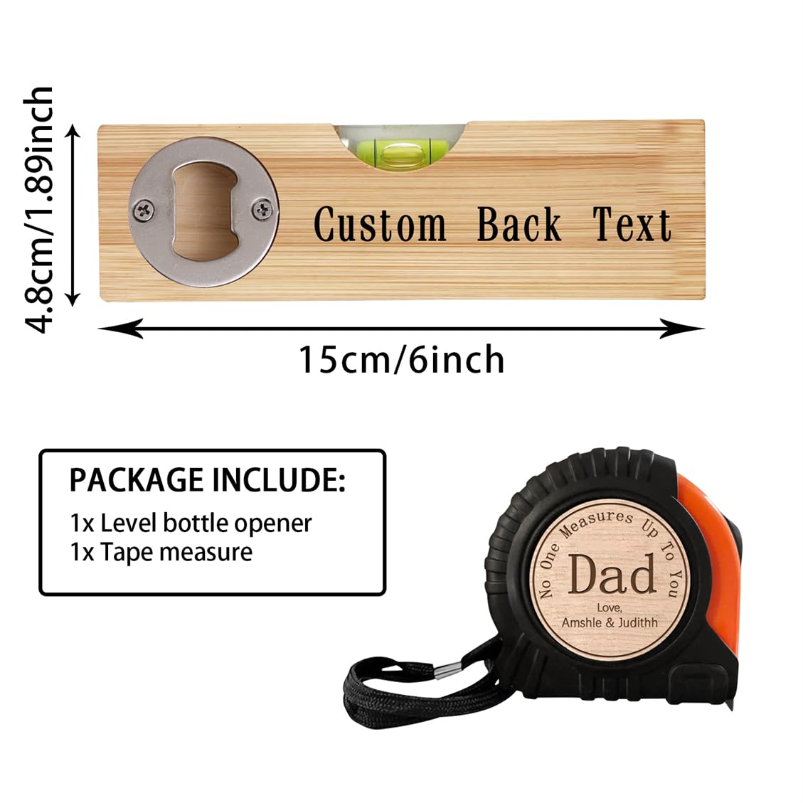 It's Not A Dad BOD It's A Father Figure Personalized Fathers Day Wooden Spirit Level Bottle Opener with Daddy Face Custom Engraved Tape Measure for Dad No One Measures Up to You Measuring Tape