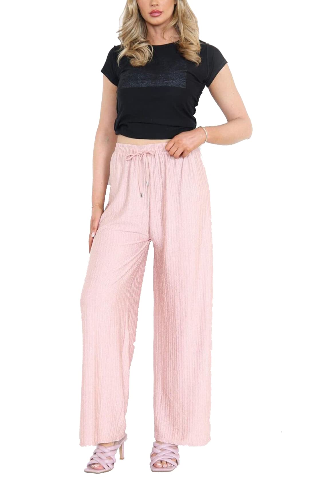 21Fashion Womens Wide Leg Flared Pleated Palazzo Ladies Drawstring Crinckle Trousers Elastic Waist Pants