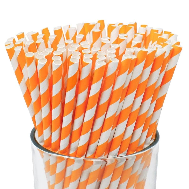 PRP Creation Premium Rainbow Paper Straws. 8" 20cm Stripe Paper Straws, Stripy Straw, Retro Straw, Fully Recyclable, Biodegradable, Food Safe. (25, Orange & White)-image-31