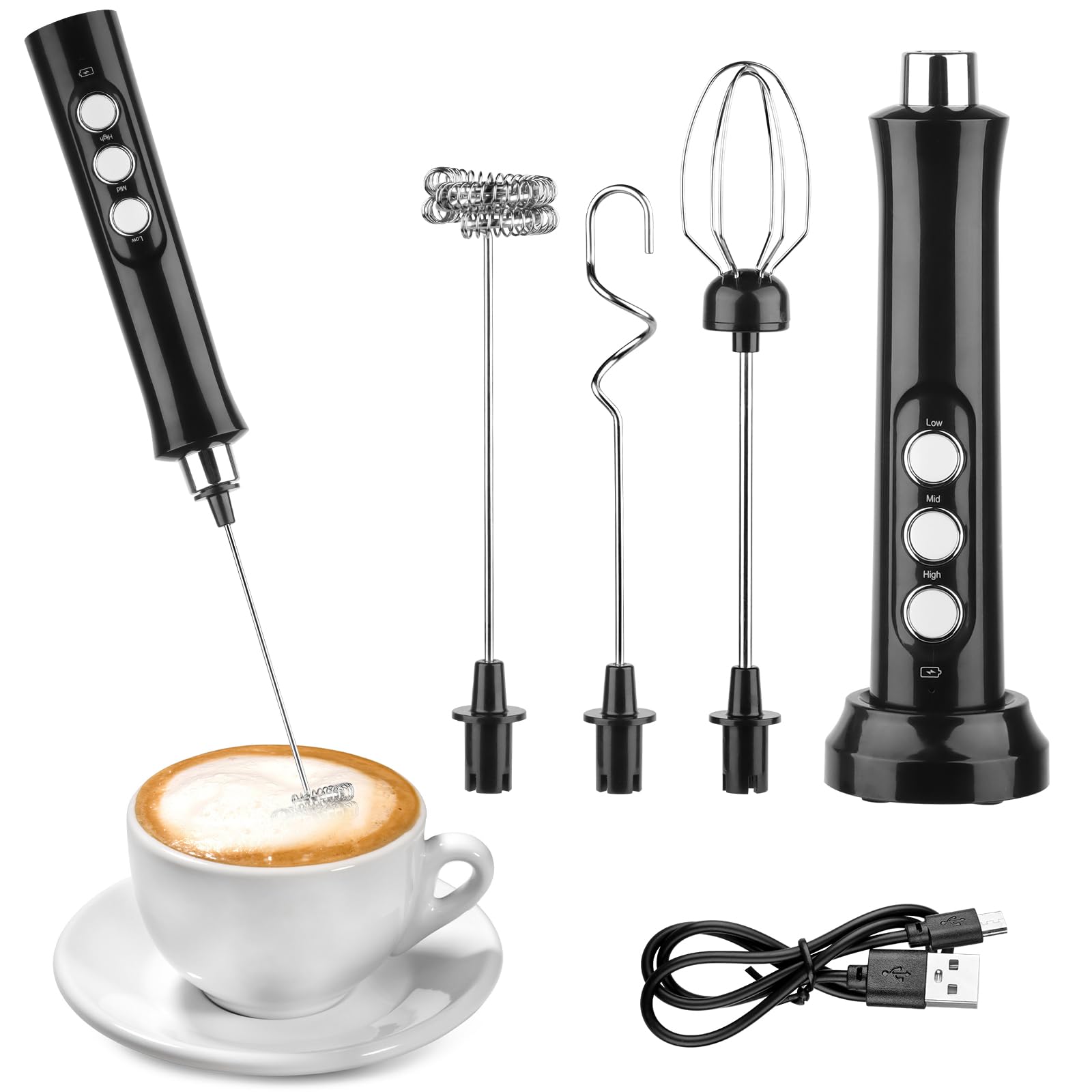 NVIYAM Frullino Montalatte, Schiumatore Latte Elettrico, USB Ricaricabile Montalatte Elettrico con 3 Frullino in Acciaio Inox, 3 Velocità Regolabili, per Cappuccino, Latte, Matcha, Caffè, Cioccolata