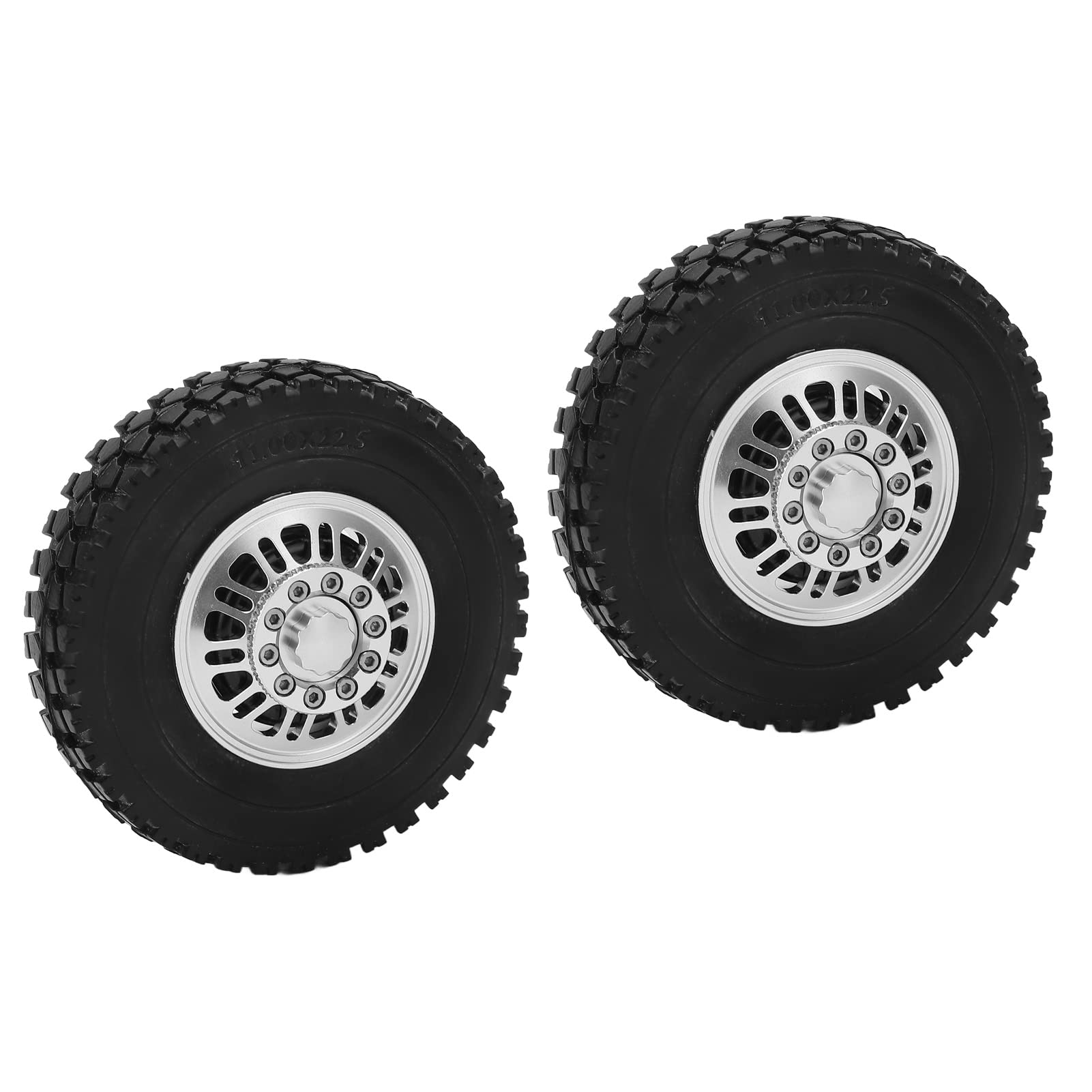 2 pezzi RC Auto Pneumatici Cuscinetto della Ruota Anteriore Cerchi in Lega di Alluminio Argento Pneumatici in Gomma Nera per 1/14 Autocarro con Cassone Ribaltabile