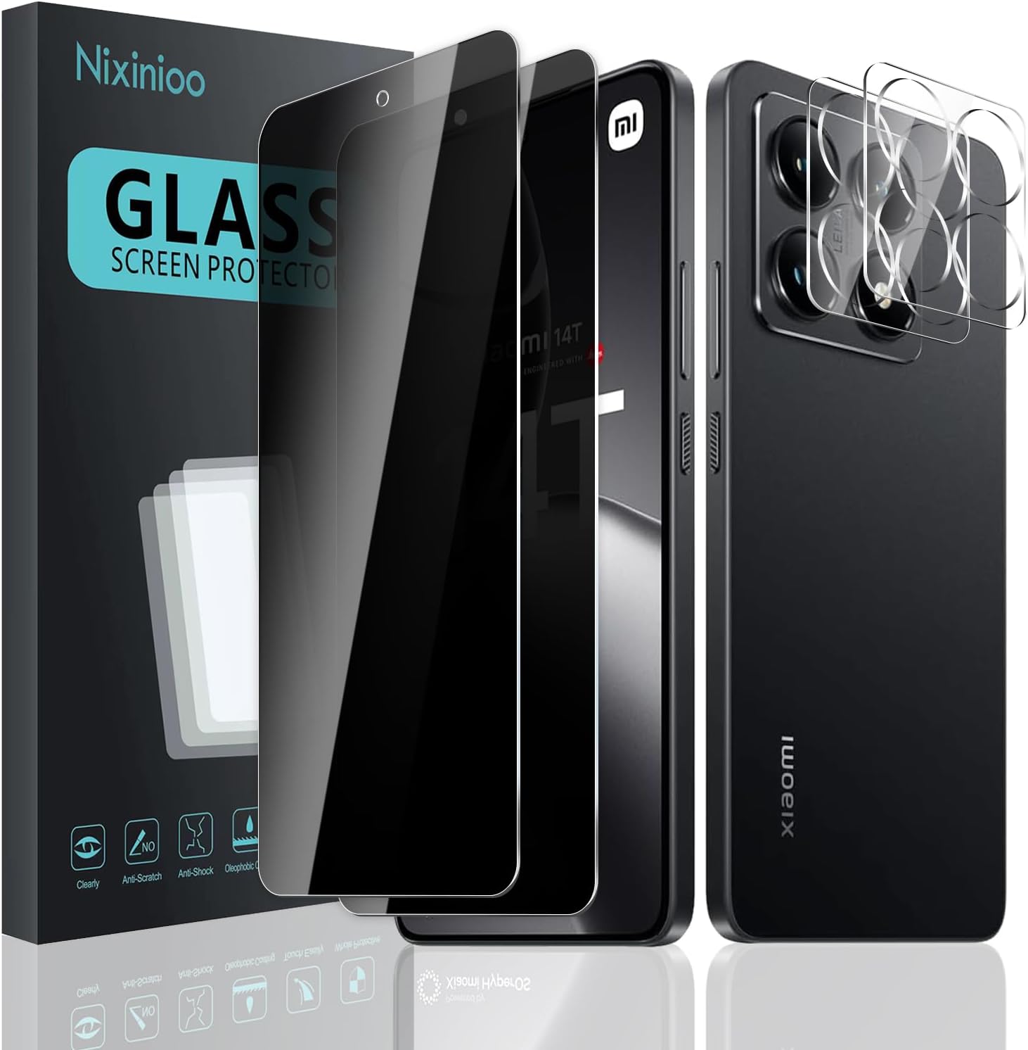 Pack of 4 Privacy Screen Protectors for Xiaomi Mi 14T 5G 2 x Anti-Spy Protective Glass + 2 x Camera Protection Privacy Screen Film [Anti-Spy] [9H Hardness] [Bubble-Free] [Scratch-Resistant]