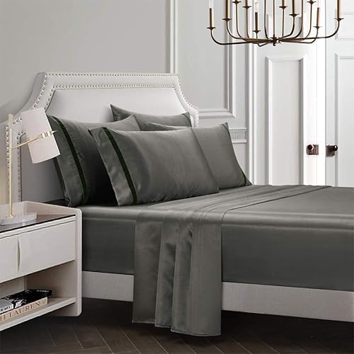 Miniatura 7 de RevenRella - Ropa de cama de seda con 6 piezas, fundas de almohada y sábana bajera con bolsillo profundo, súper suave, lujosa, color liso, sexy,