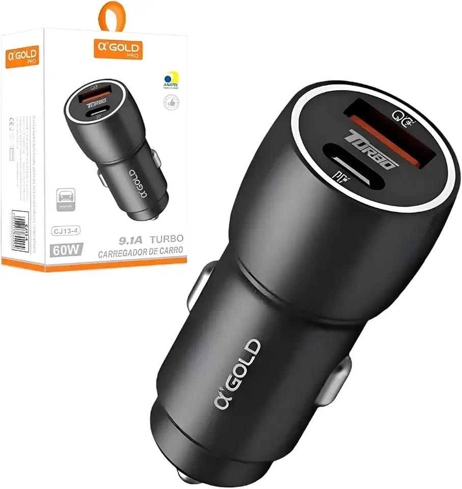 Carregador Veicular Turbo 60W Premium Ultrarrápido A'Gold CJ13-4 – 9.1A com 2 Portas USB-A e USB-C | Para carro | Carregamento Rápido para todos modelos – Preto