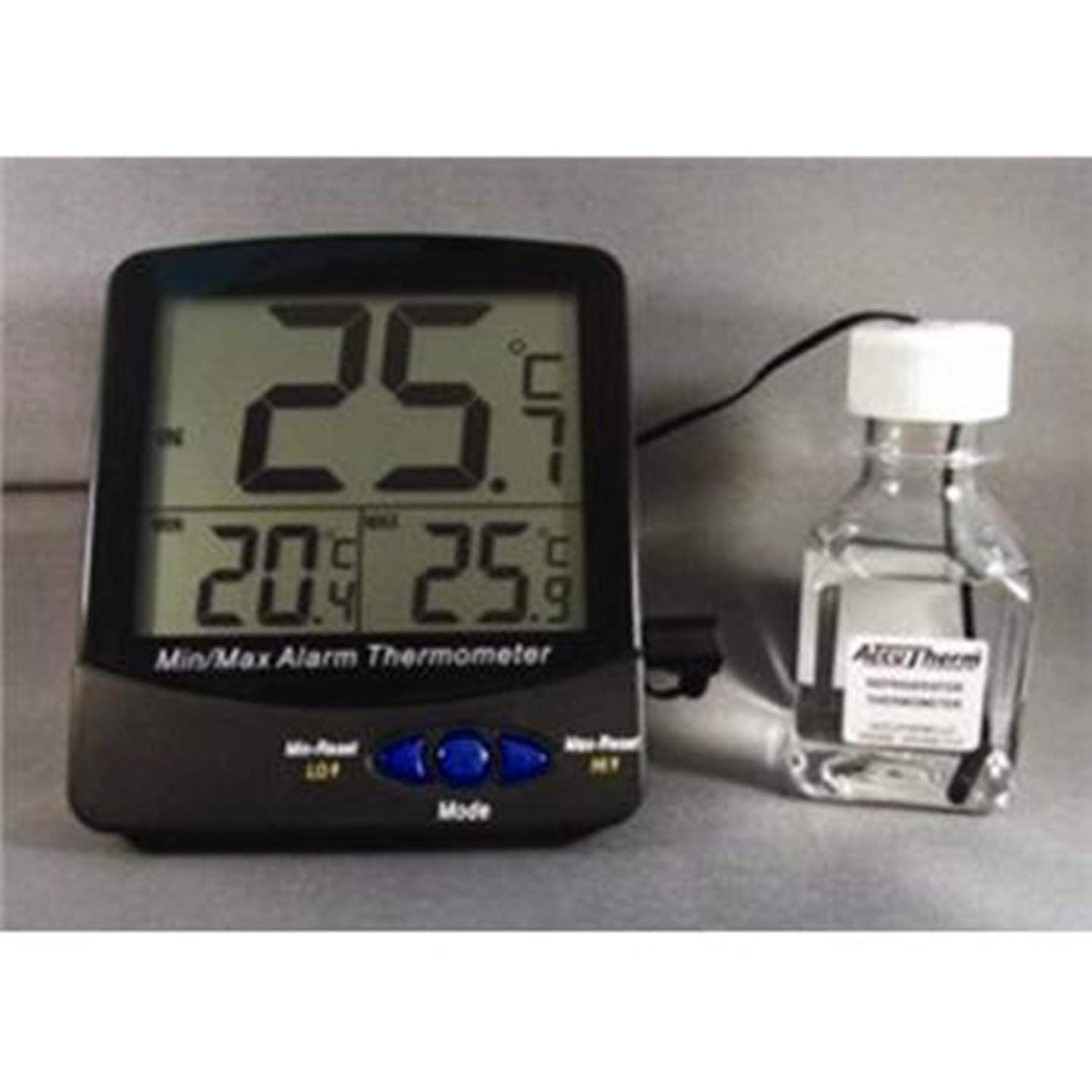 Thermco ACC895FRE Triple Display Large Digit Digital Thermometer for Freezers, -50 to 70°C with Bottle Media Certified @ -20°C with Audible Alarm and NIST Traceable Certificate