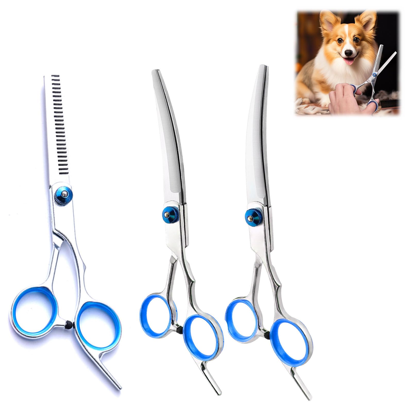 Bavooty Dog Grooming Scissors,Dog Grooming Scissors Set,Pet Curved Groomings Shears,Stainless Steel Pet Grooming Kit,Thinning Shear,Down/Up Curved Scissor,Hair Cutting,for Dogs Cats Pets(3pcs,Blue)
