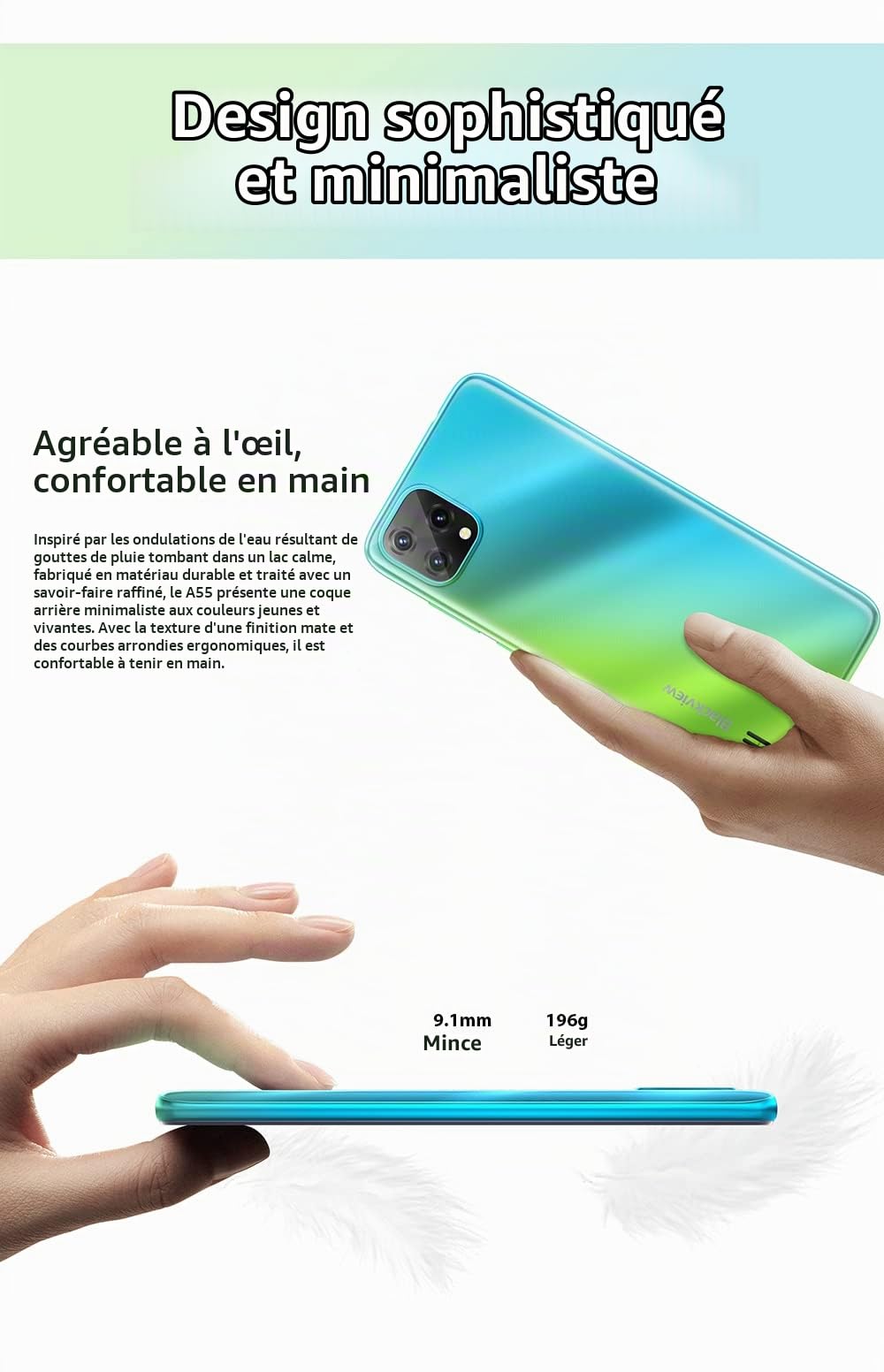 Blackview A55 Smartphone 4G sans contrat, écran HD+ de 6,53", MT6761V 2,0 GHz 3 Go + 16 Go, Appareil Photo 5 MP + 8 MP, Batterie 4780 mAh, Android 11 Dual SIM, GPS, Visage déverrouillage, Bleu