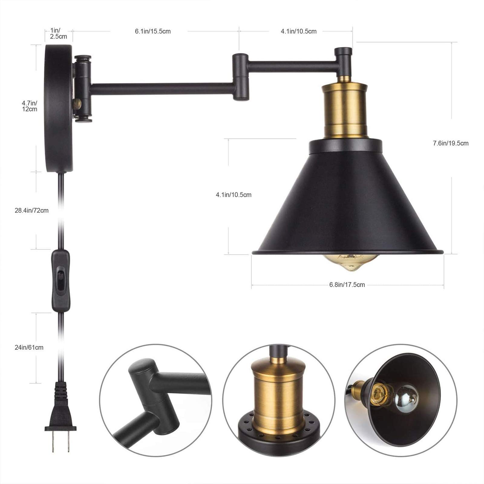 WXKAGF Lampada da Parete Industriale a Braccio Lungo E27 con Interruttore, Lampada da Parete per Camera da Letto Vintage Nera Regolabile con Cavo e Spina da 1,8 m, Illuminazione Rotante con Specchio