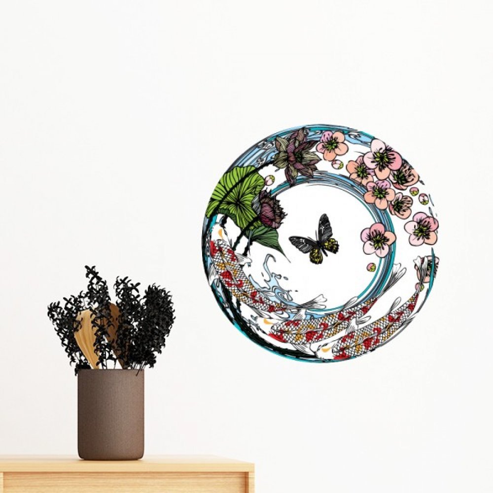 Autocollant mural carpe et lotus solution décoration murale amovible sans abîmer 60cm