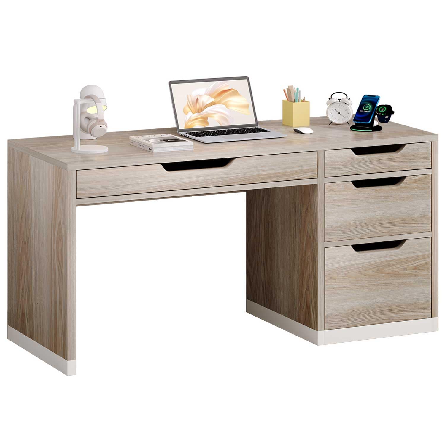 MaverickFurni 52 Inch Desk with 4 Drawers, Computer Desk with Storage File Drawer for Bedroom, Small Office Desk with Storage for Small Space, Light