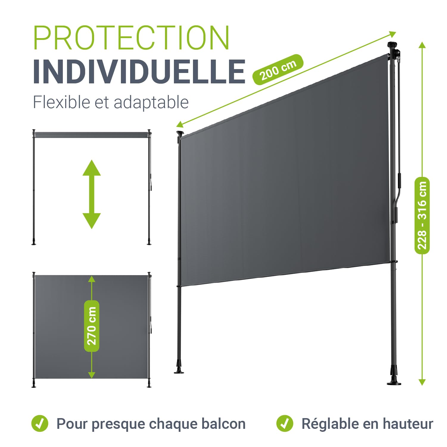 Juskys Store Vertical Barbados 200x310 cm - Store à Pince Extensible, Protection Solaire & Visuelle, Résistant aux Intempéries & UV, Déperlant - Gris