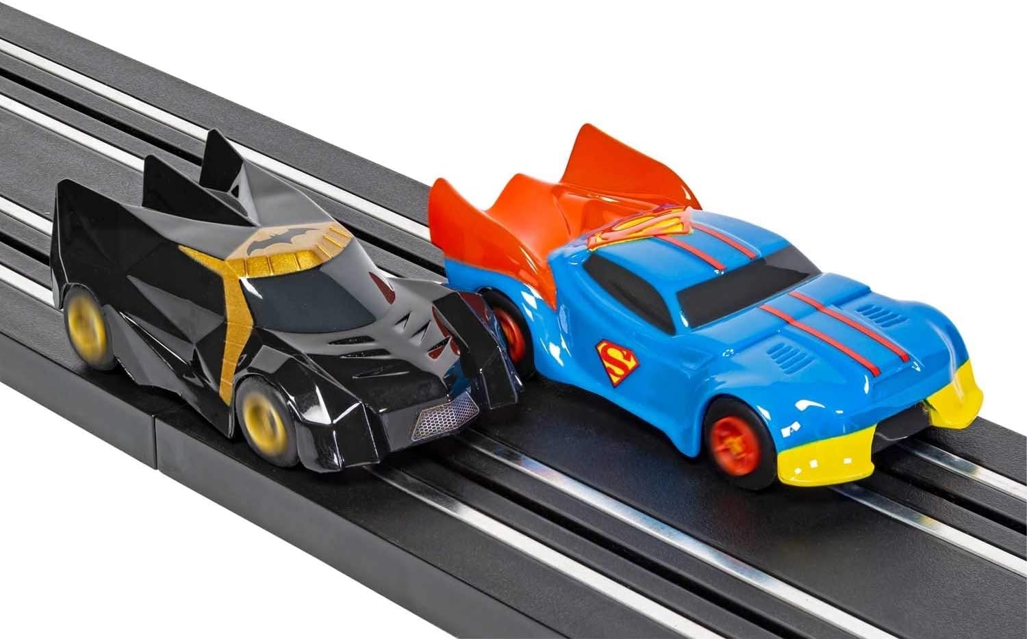 Scalextric Micro Scalextric Justice League Batman vs Superman Battery Powered 1:64 DC Comics Superheros Slot Car Race Track Set G1151T, Black, Blue & Yellow
