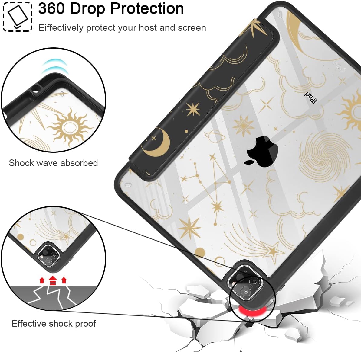 Tuiklol for iPad Pro 11 Inch 4th / 3rd / 2nd / 1st Gen (2022 2021 2020 2018) Case -Built-in Pencil Holder Shockproof Cover Clear Transparent Back Shell with Auto Wake/Sleep, Moon and Star