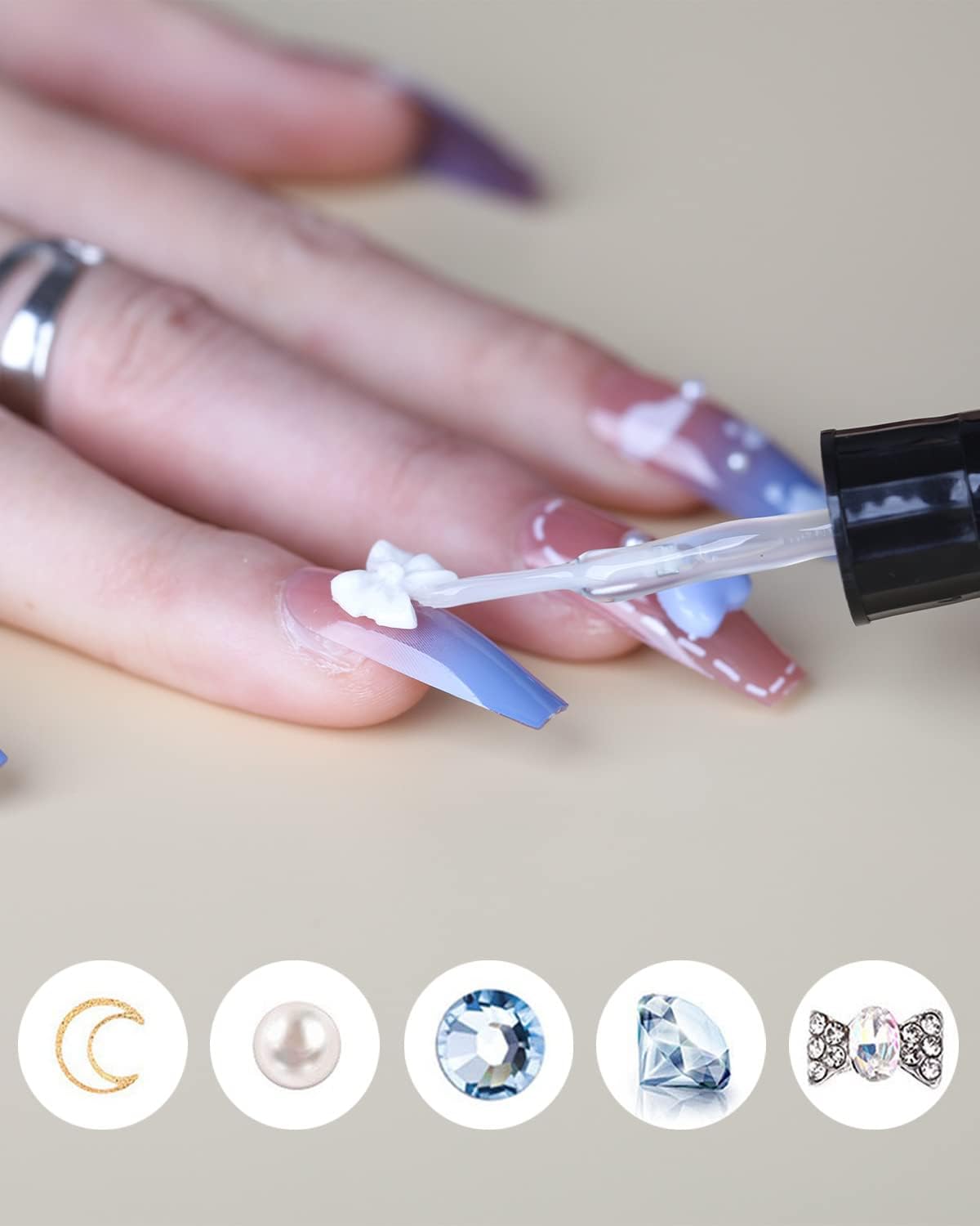 Beauty Empire Rhinestone Glue for Nail, 2 in 1 Precision Nail Glue for Rhinestone 10ml Clear Nail Glue Gel with Brush & Pen tip UV Cure Needed 1
