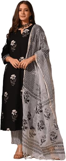 Royal Export Women's Cotton Blend Floral Print Kurta Set-Black
