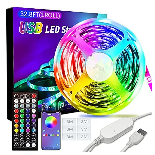 XBUTY Portable USB LED Light Strip 32.8ft, RGB LED Strip Lights with Remote and App Control, Music Sync, Smart Circuit Protection, LED Lights for Bedroom, Outdoor, Cabinet, TV, Home Decoration