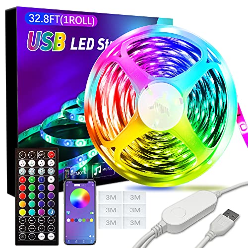 XBUTY Portable USB LED Light Strip 32.8ft, RGB LED Strip Lights with Remote and App Control, Music Sync, Smart Circuit Protection, LED Lights for Bedroom, Outdoor, Cabinet, TV, Home Decoration