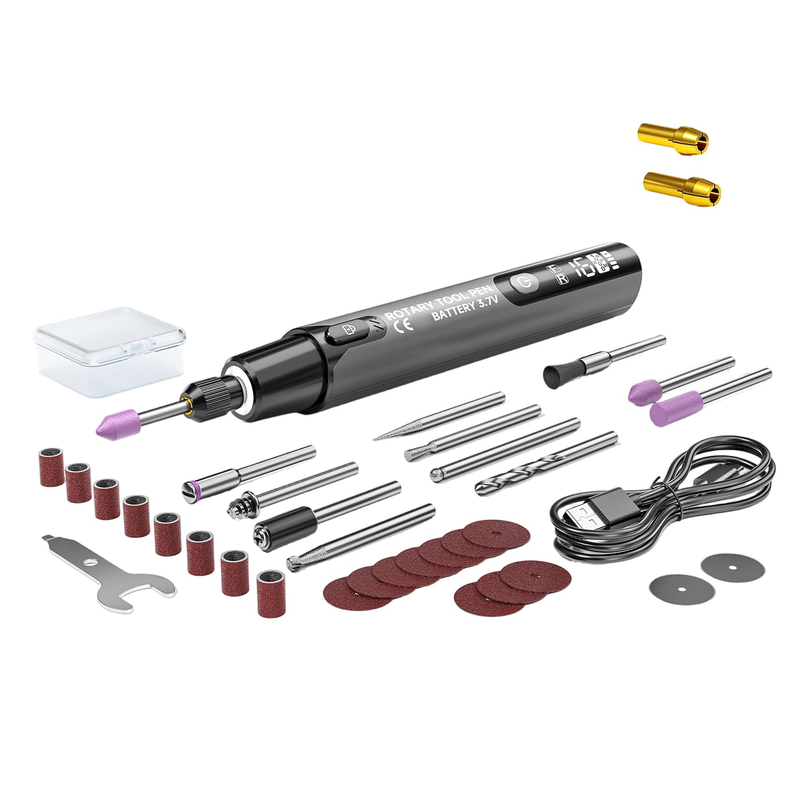 Rgybao Rechargeable 34 In 1 Engraving Pen Handheld Digital Display Led Lighting 6 Modifiable Settings 16000 Whirls Motor Forward Reverse Capability Accuracy Engraving