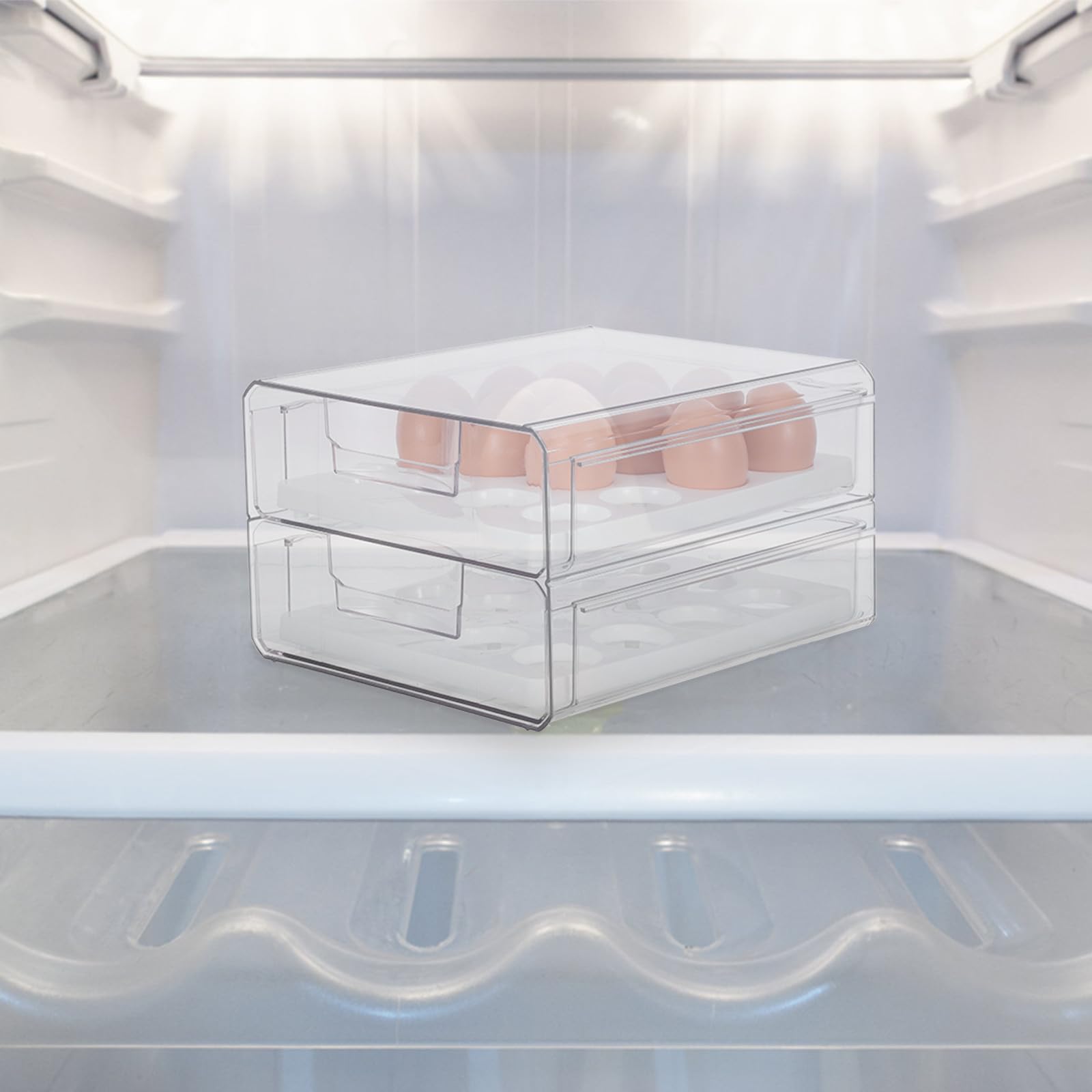 Huevera Transparente para Refrigerador de Plástico 2 Cajones, 32 Huevos | Doble Capa Orificios, Apilable y Deslizable, para Cocina y Frigorífico