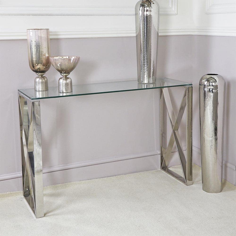 Buy Vanity Living Console Table Modern Tempered Glass Top, Entryway Table Madrid Chrome Sturdy
